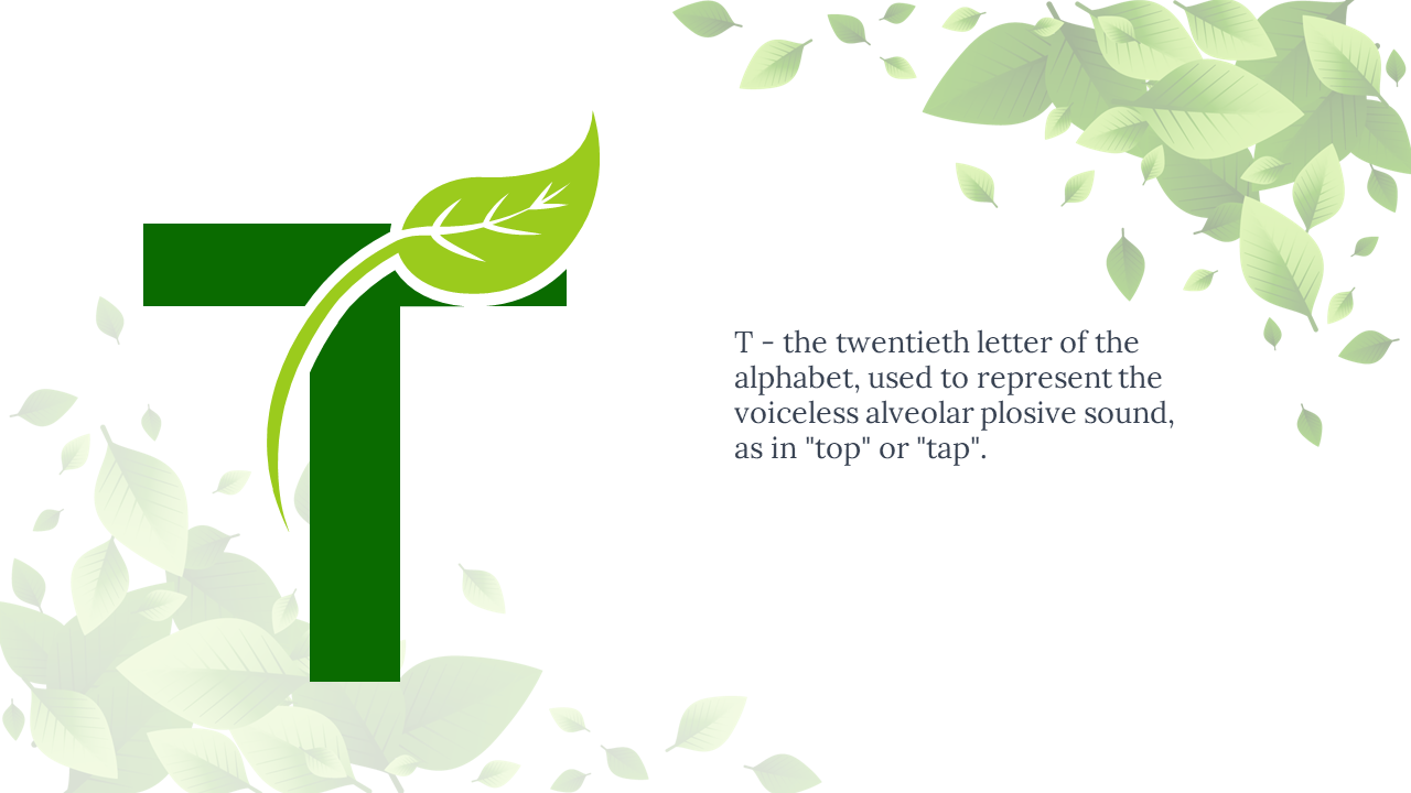 Bold green T with light green leaf and vine on top left, and text on right, framed by soft leaves on white.