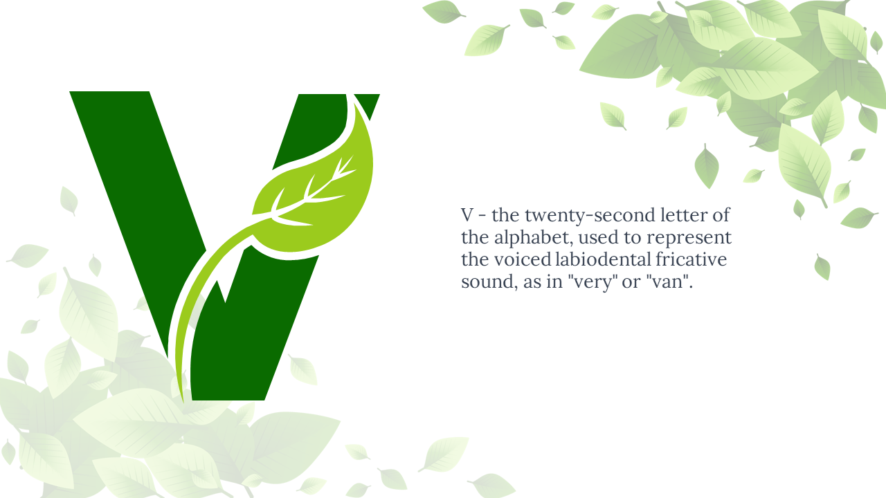 Bold green V with light green leaf and vine on left, and text on right, set against white background with soft leafy corners.