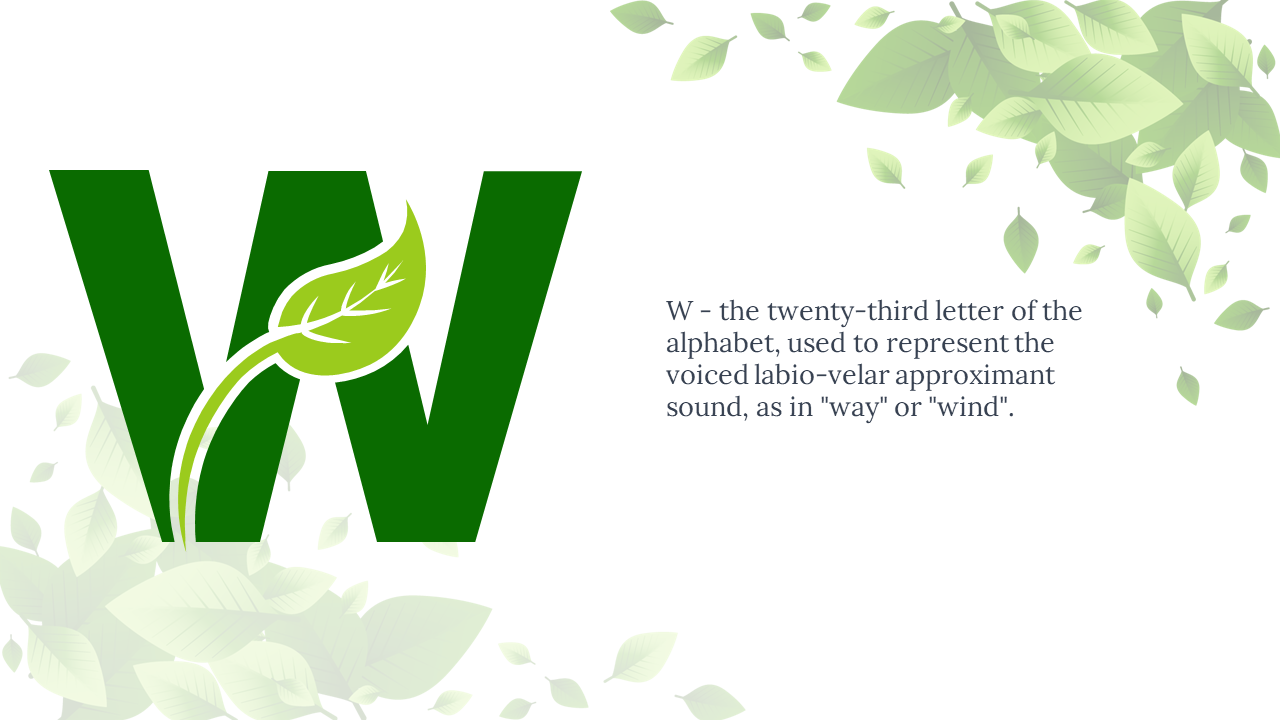 Green W decorated with light leaf illustration, and text placed right, with soft floating green leaves in background.