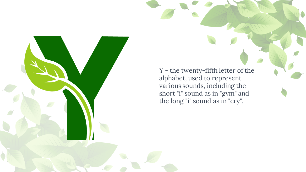 Dark green Y with curved vine and light green leaf on left, and text on right, with leafy border on white background.
