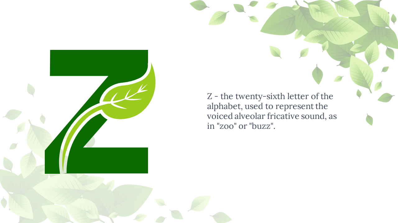 Dark green letter Z featuring a curved vine and leaf, placed beside text, all framed by faded green leaves.
