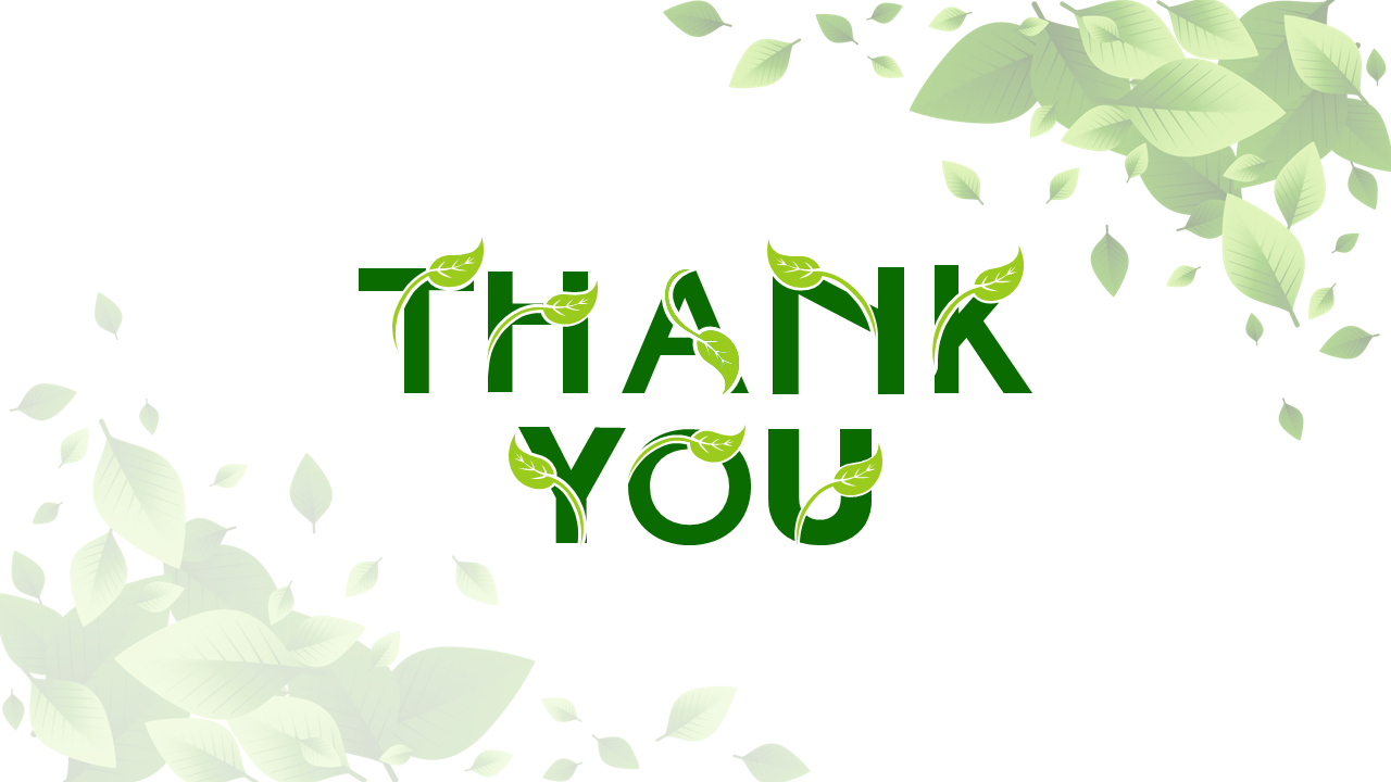 Bold green thank you letters with curling vines and leaves, framed by soft green leafy branches in top right and bottom left.