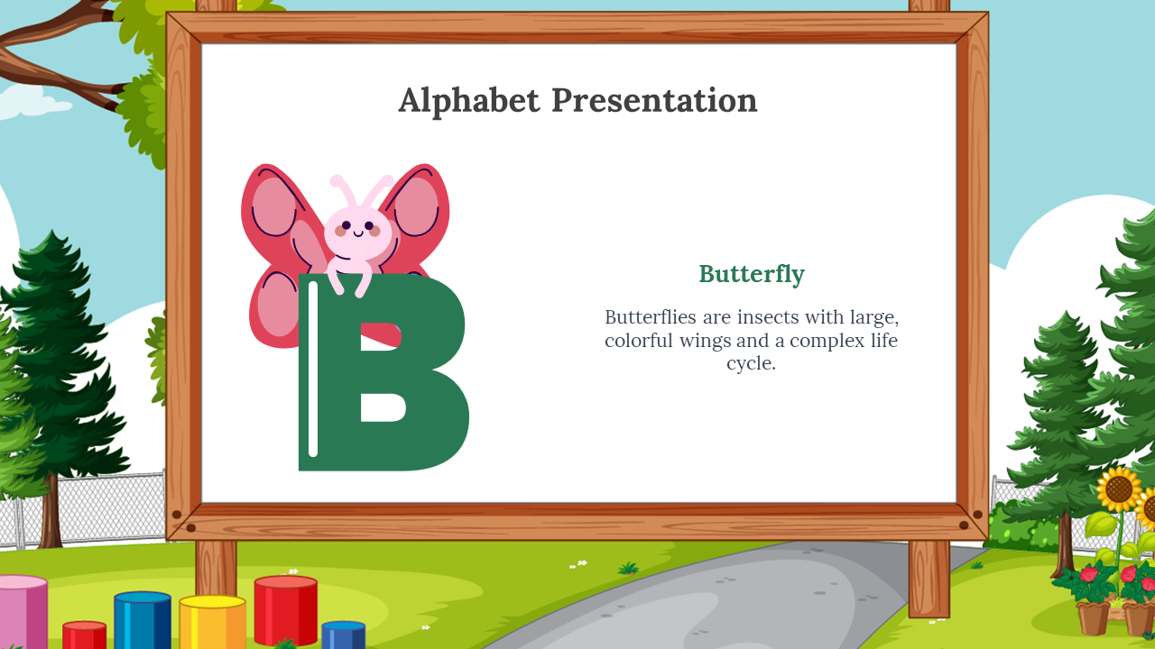 Pink butterfly with large wings perched on a green B on a wooden framed whiteboard, with trees and colorful blocks around.