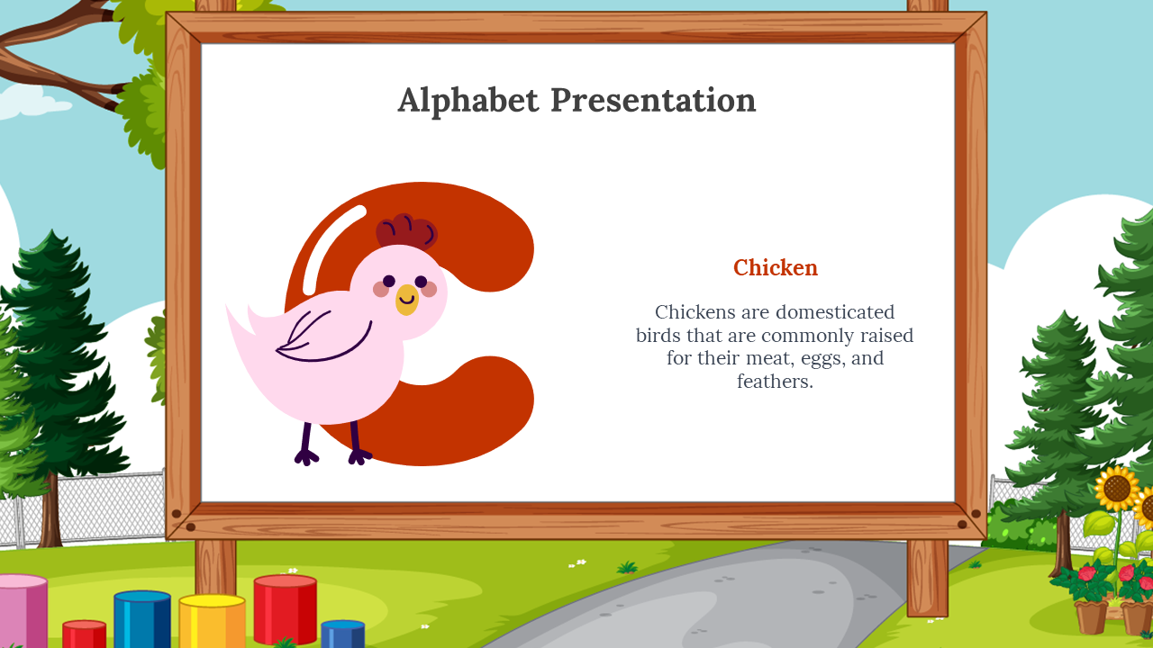 Happy chicken next to rounded red C on whiteboard with wood frame, set against green park and colorful playground.