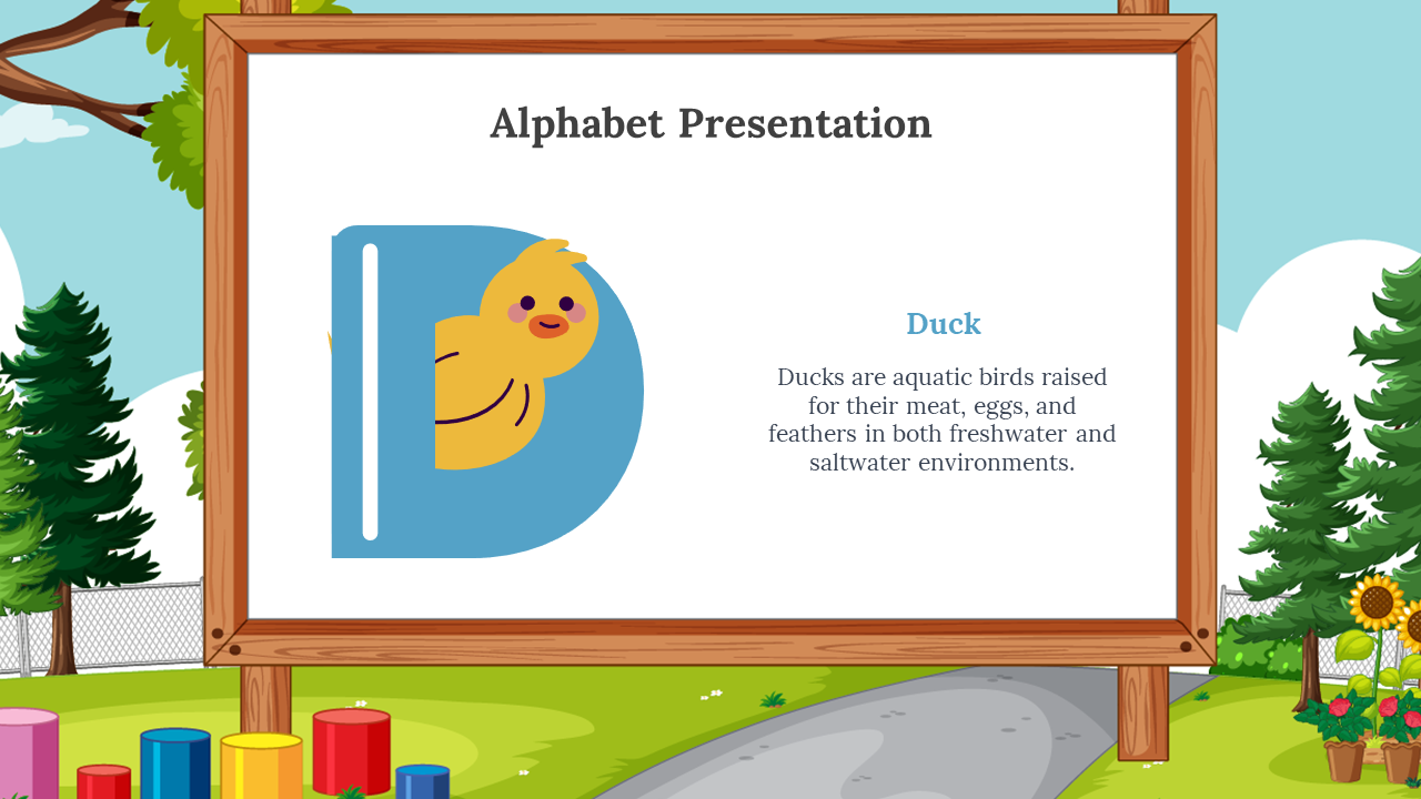 Cute yellow duck resting beside a rounded blue D on a wooden framed whiteboard, with sunny park background and greenery.