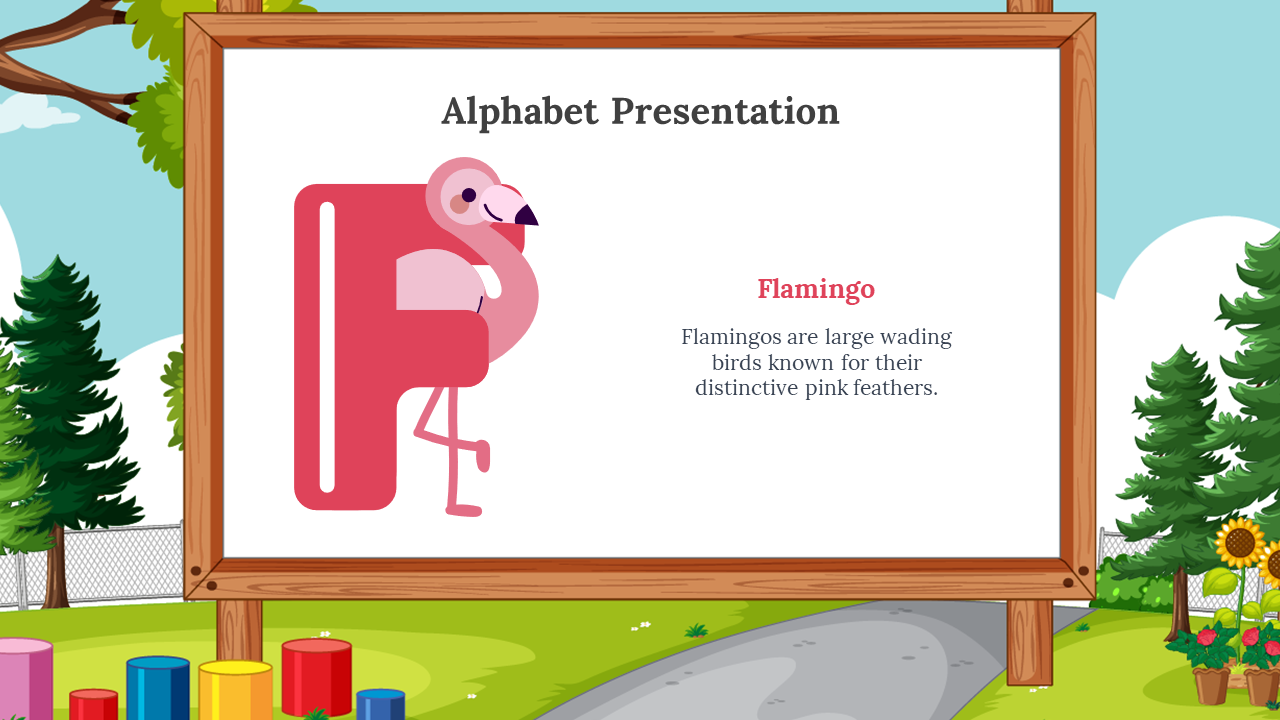 Flamingo posed around a pink F, shown on a whiteboard with wood trim, with background of trees, greenery, and road path.