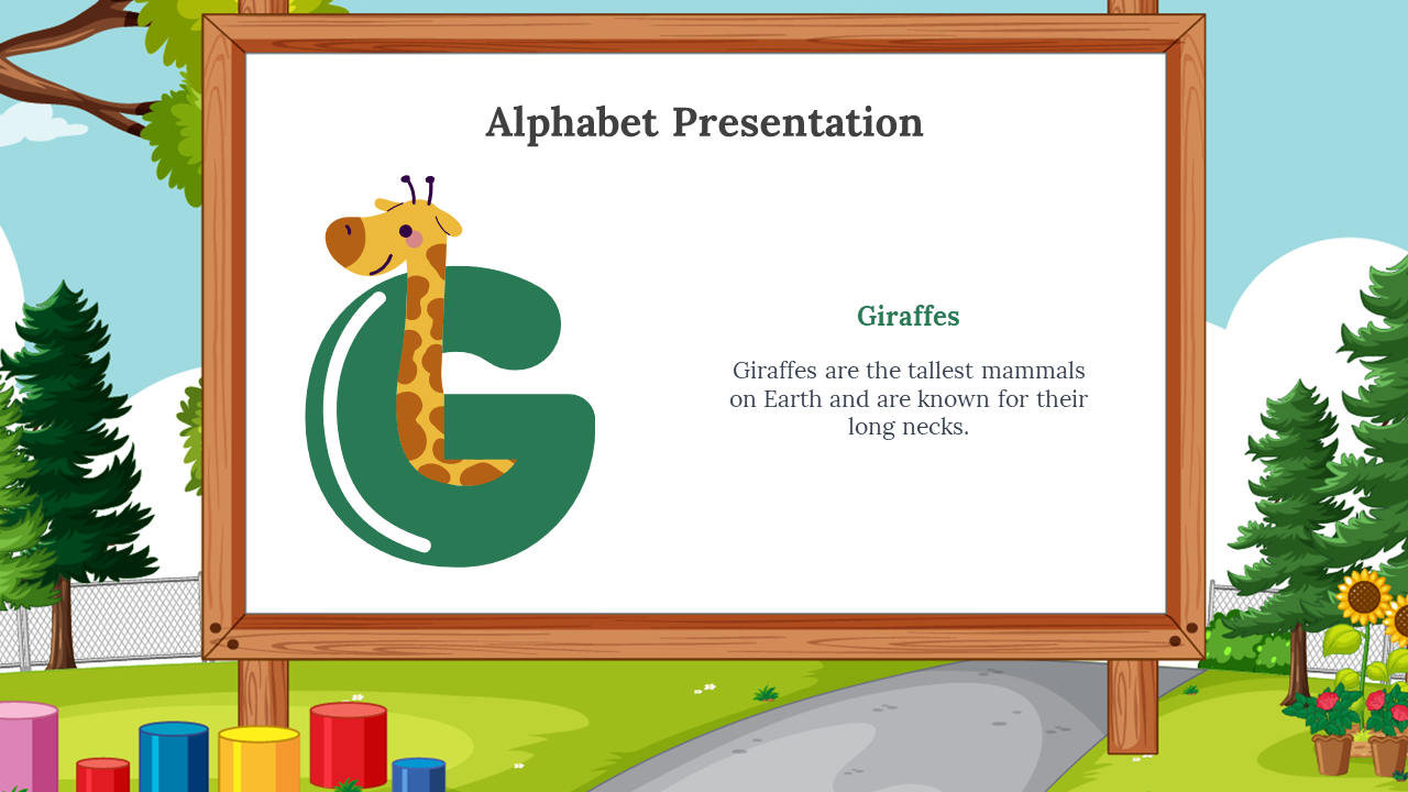 Dark green g with a cartoon giraffe stretching through it, shown on a wooden frame board with trees and playground outside.