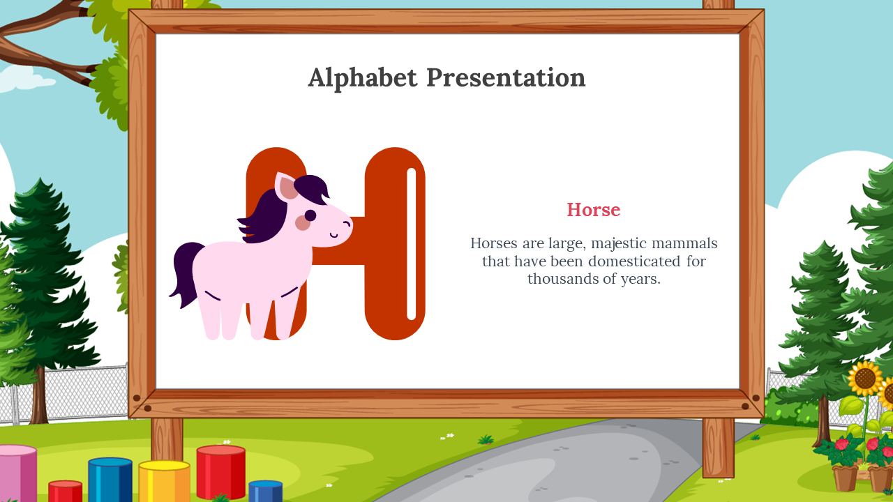 Orange H beside a pink horse, on a whiteboard framed with wood, surrounded by trees, road, and colorful playground blocks.
