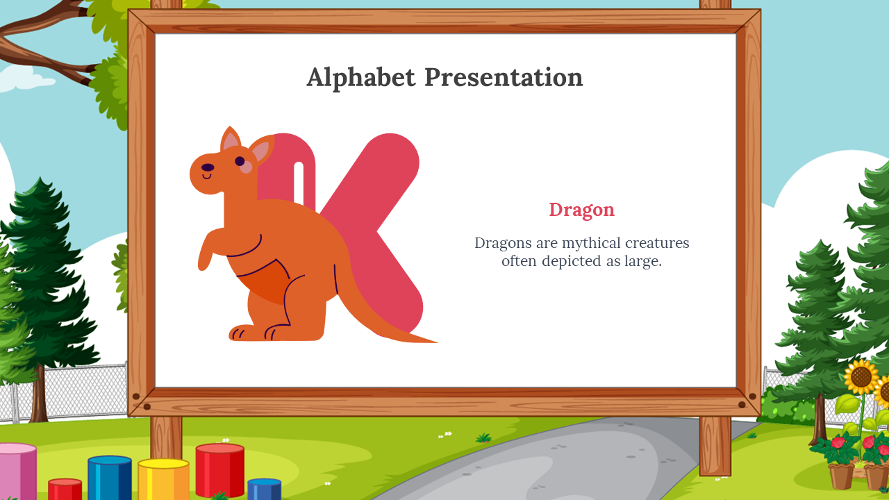 Playful pink K with an orange cartoon dragon, displayed on a wooden framed whiteboard, on green outdoor playground.