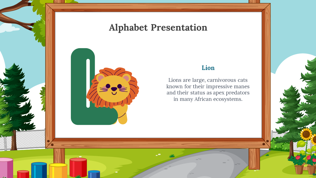 Playful green L with a cartoon lion beside it, displayed on a wooden framed whiteboard, colorful park and greenery around.