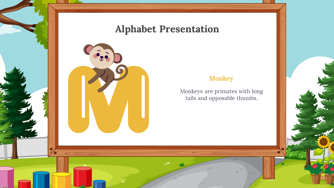 Yellow M with a cartoon monkey sitting on top, placed on a wooden framed whiteboard, on outdoor park with trees and blocks.