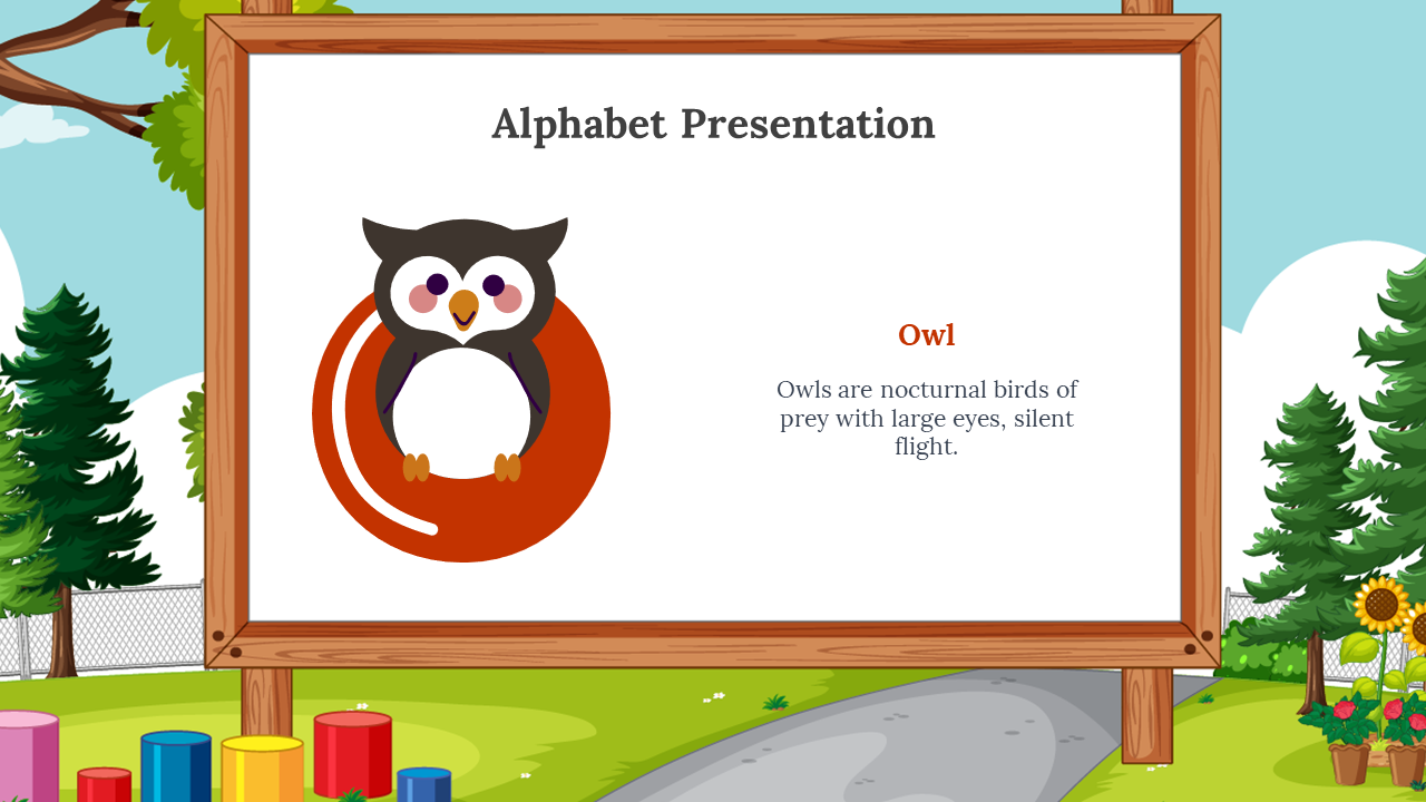 Orange O featuring a smiling owl illustration, centered on a whiteboard with wood frame, green park and playground around.