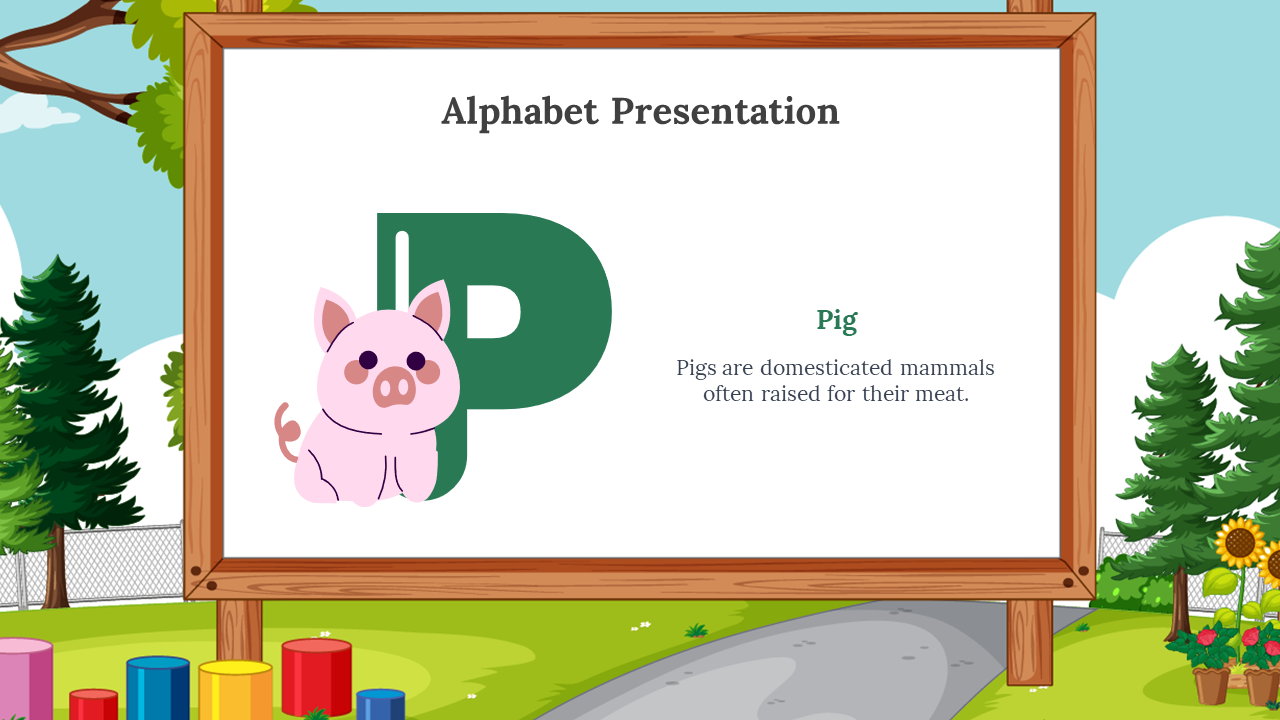 Dark green P with a cute pink pig standing beside it, placed on a wooden framed whiteboard, playground and greenery around.