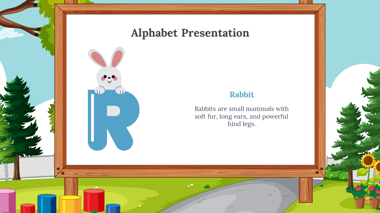 Blue R with a cute white rabbit peeking over it, placed on a wooden framed whiteboard, playground and trees around.
