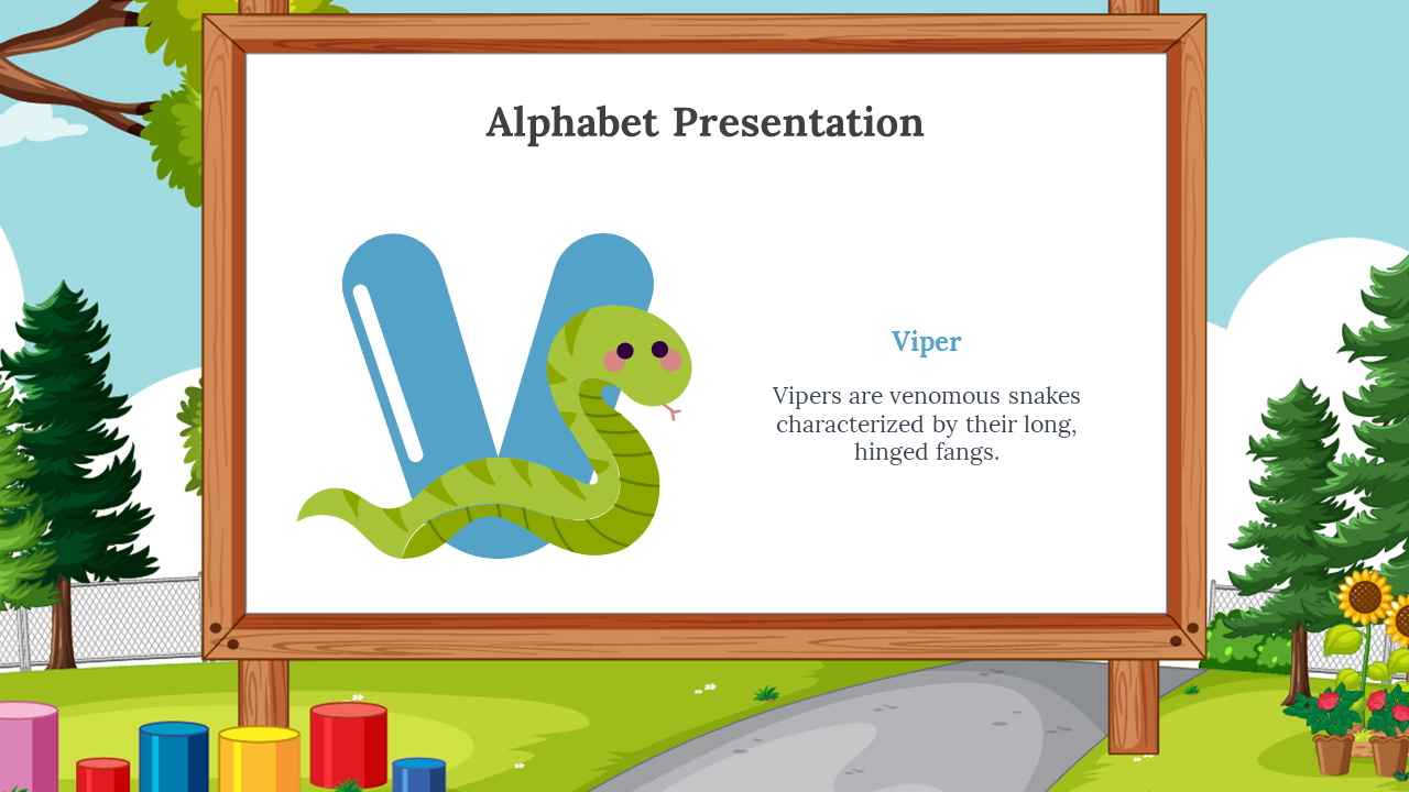 Light blue V with a smiling green viper wrapped around it, placed on a whiteboard with wood frame, in outdoor park scene.