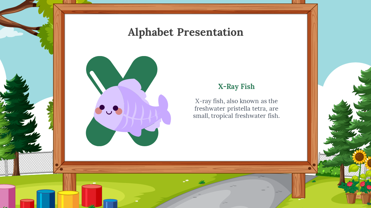 Dark green X with a cute purple fish illustration, on white board with wood frame, playground and green trees in background.