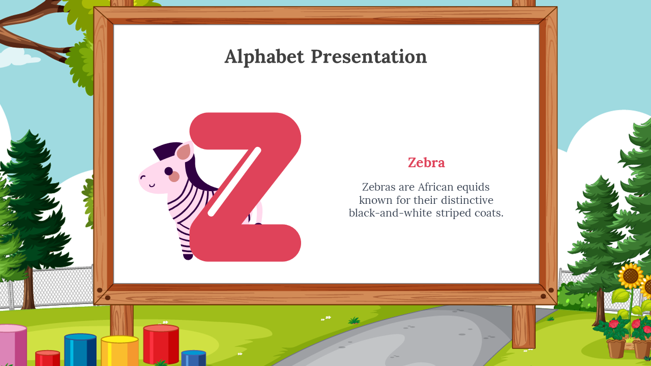 Bold red Z covering a cartoon zebra, placed on a white board with a wood frame, on outdoor scene with trees and playground.