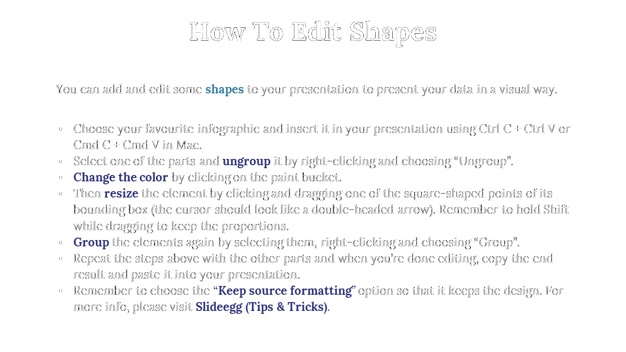 Instruction layout with black text detailing how to ungroup, recolor, and format shapes in a presentation.