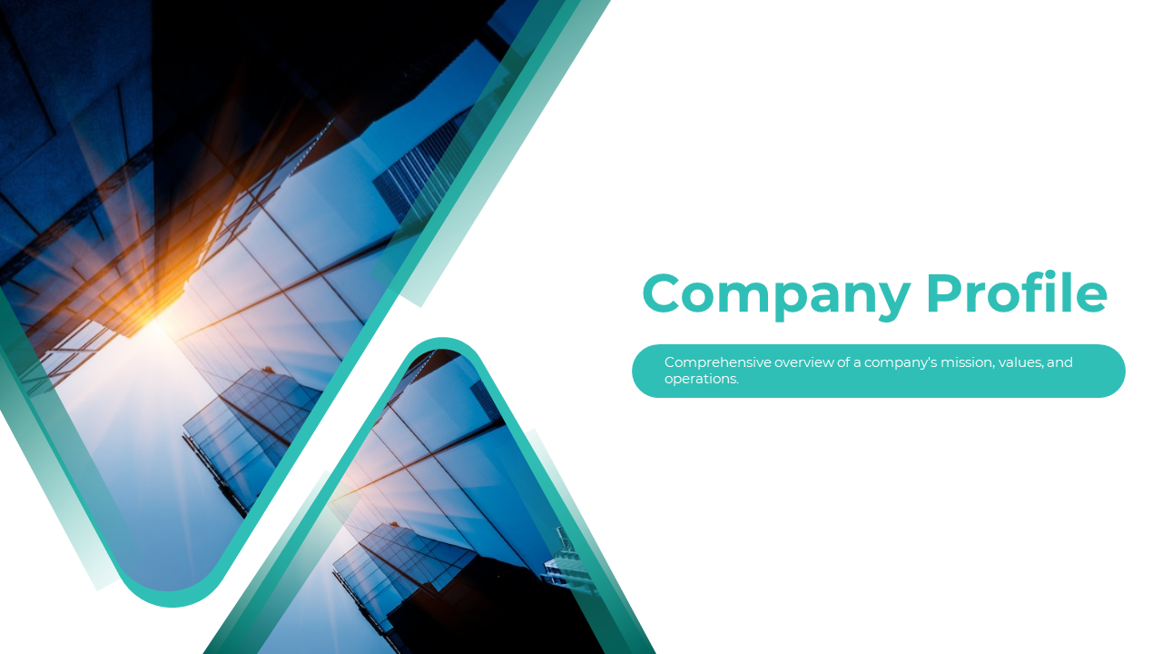 Slide displaying a company profile, featuring a photo of a glass building and text on a white and green backdrop.