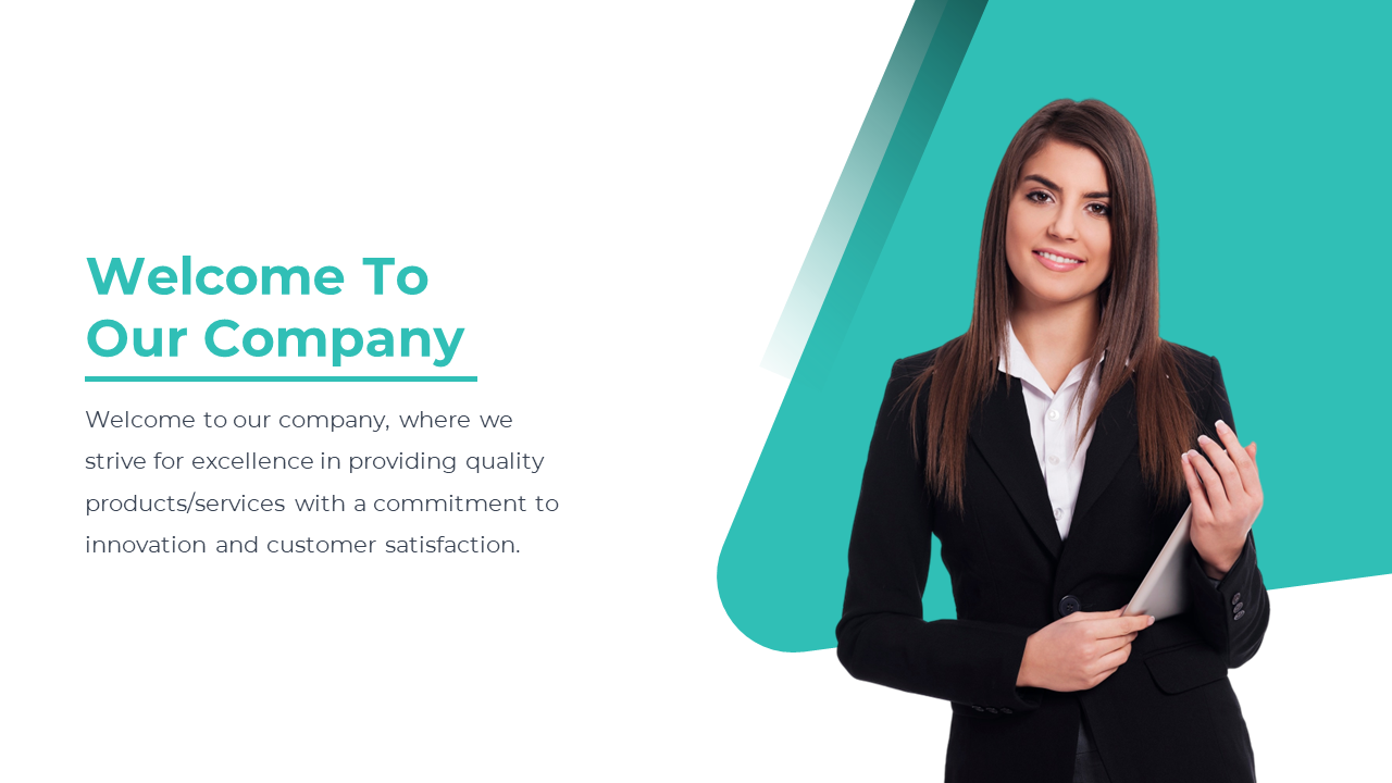 Welcome slide featuring a smiling woman in business attire, holding a tablet, with a description on a white and green theme.
