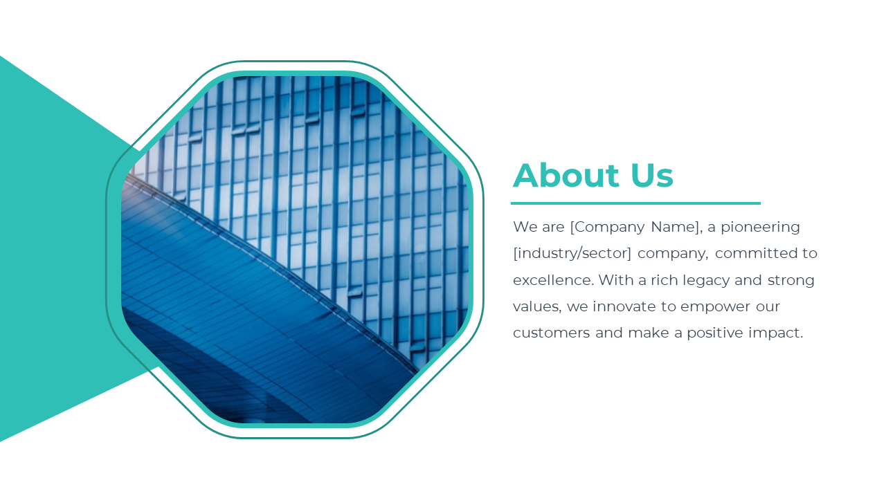 About Us slide featuring a modern building background and a description on a white and green backdrop.