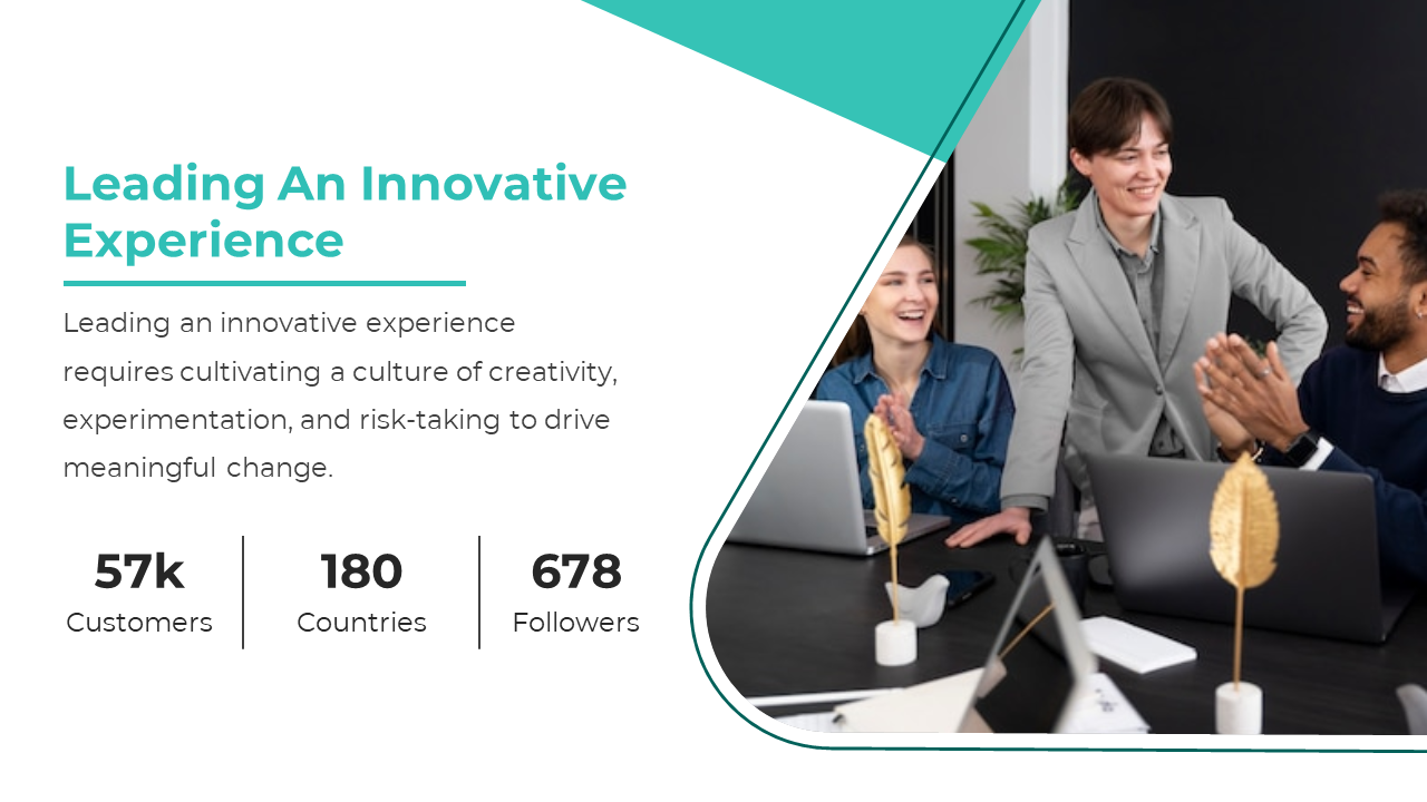 Slide showcasing a team collaborating in a modern office environment with text on a white and green backdrop.