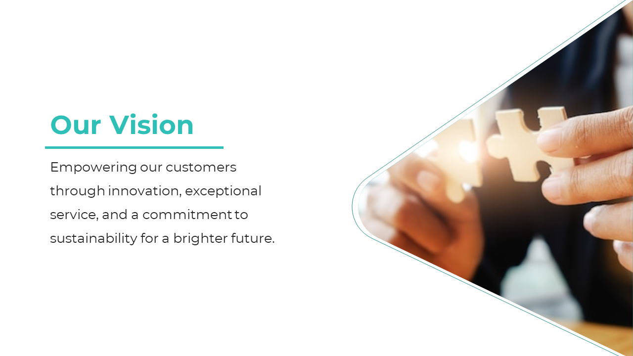 Our vision slide with a person fitting two puzzle pieces together on a white backdrop with a text description.
