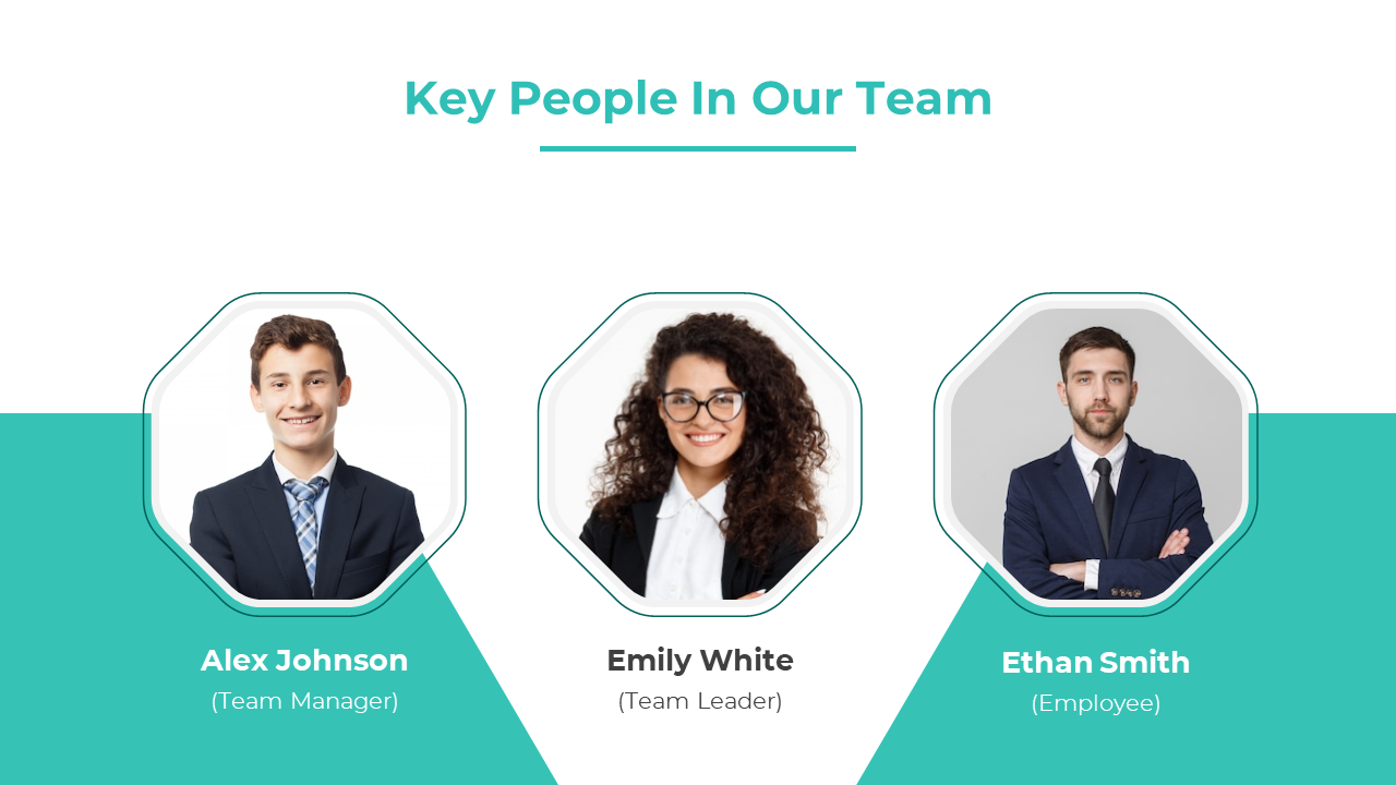 Key people in our team PPT slide are each shown in a professional portrait on a white and green backdrop.