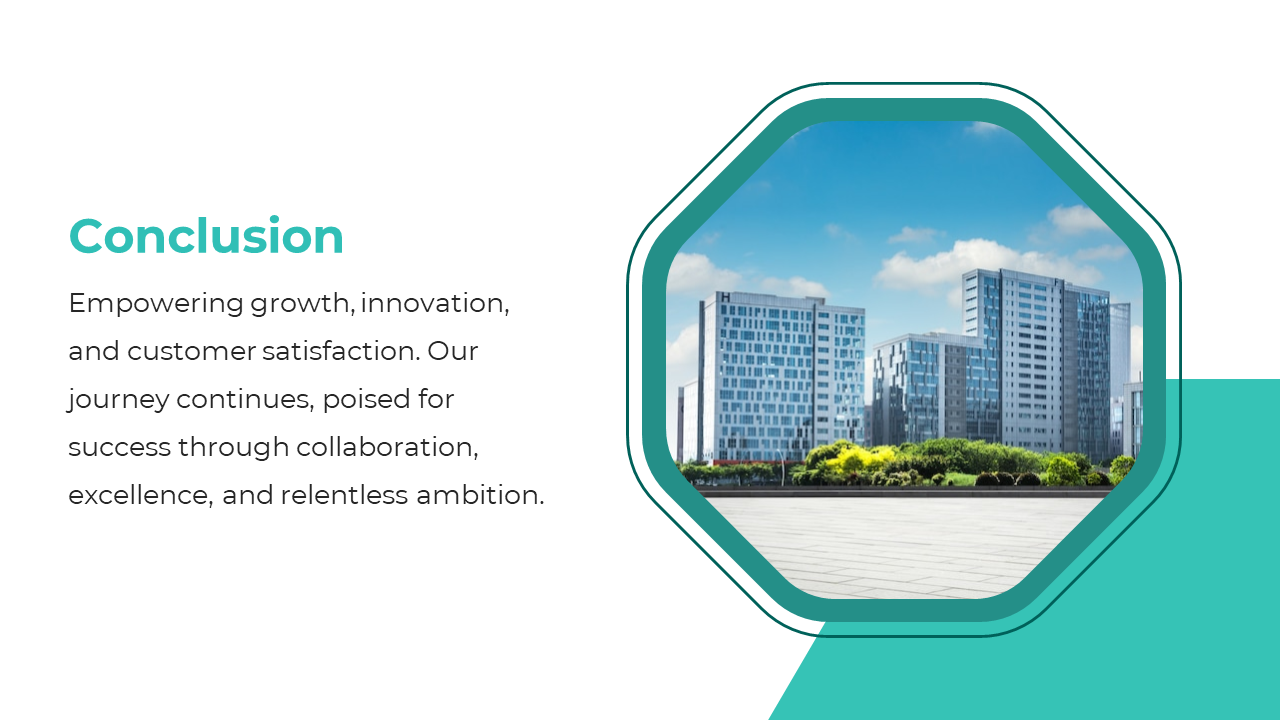 Conclusion slide with a modern city skyline in the background with text description on a white and blue backdrop.