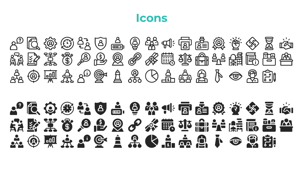 A set of business related icons representing topics like customer service, security, teamwork, analysis, and time management.
