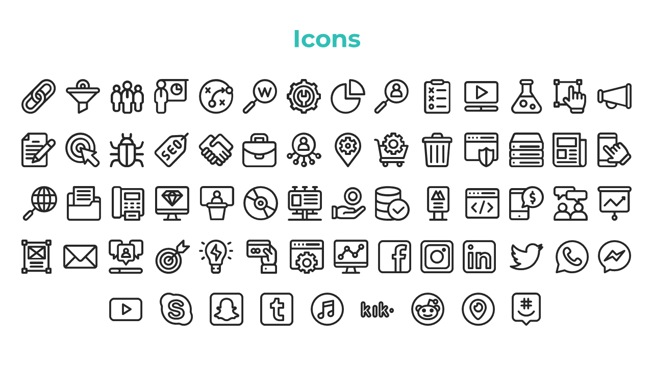Collection of icons showcasing business, digital marketing, social media, and technology tools like SEO and customer service.