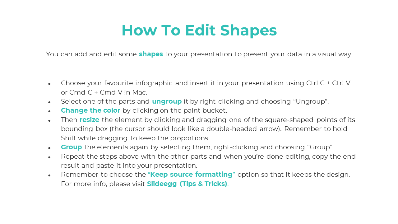 Step by step guide on editing shapes in PowerPoint, with instructions for ungrouping, changing color, and grouping elements.