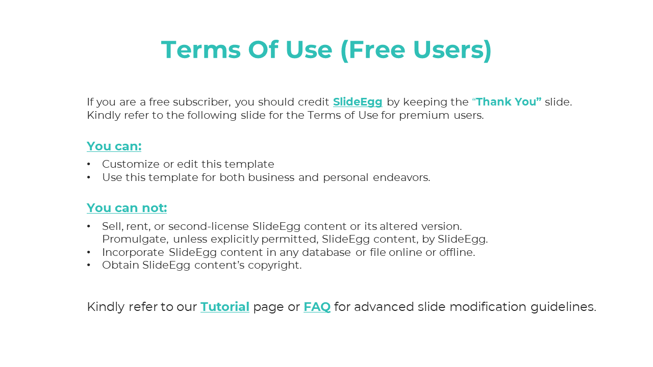 SlideEgg Terms of Use for free subscribers, describing rights to edit and use templates, with restrictions on redistribution.