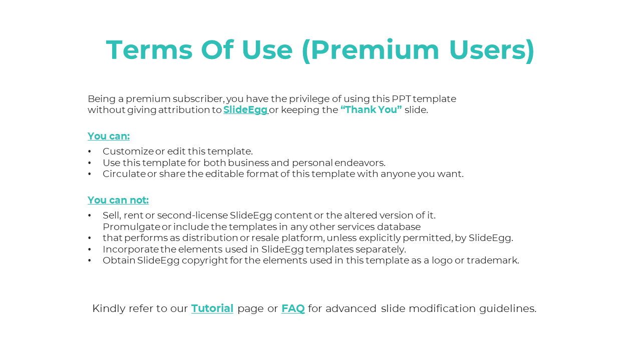 Terms of Use for SlideEgg premium users, detailing rights to edit, customize, and share templates, with restrictions.