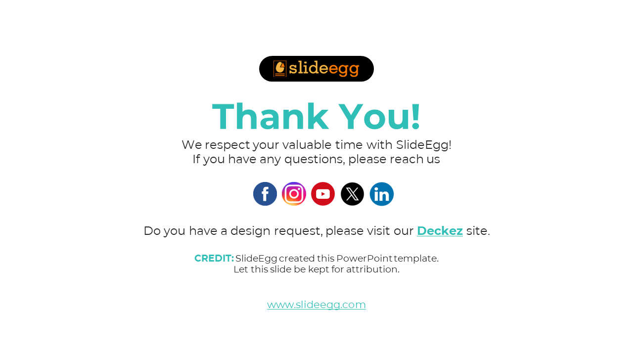 Thank you slide featuring the SlideEgg logo, with social media links, and a request to credit SlideEgg for the PPT template.