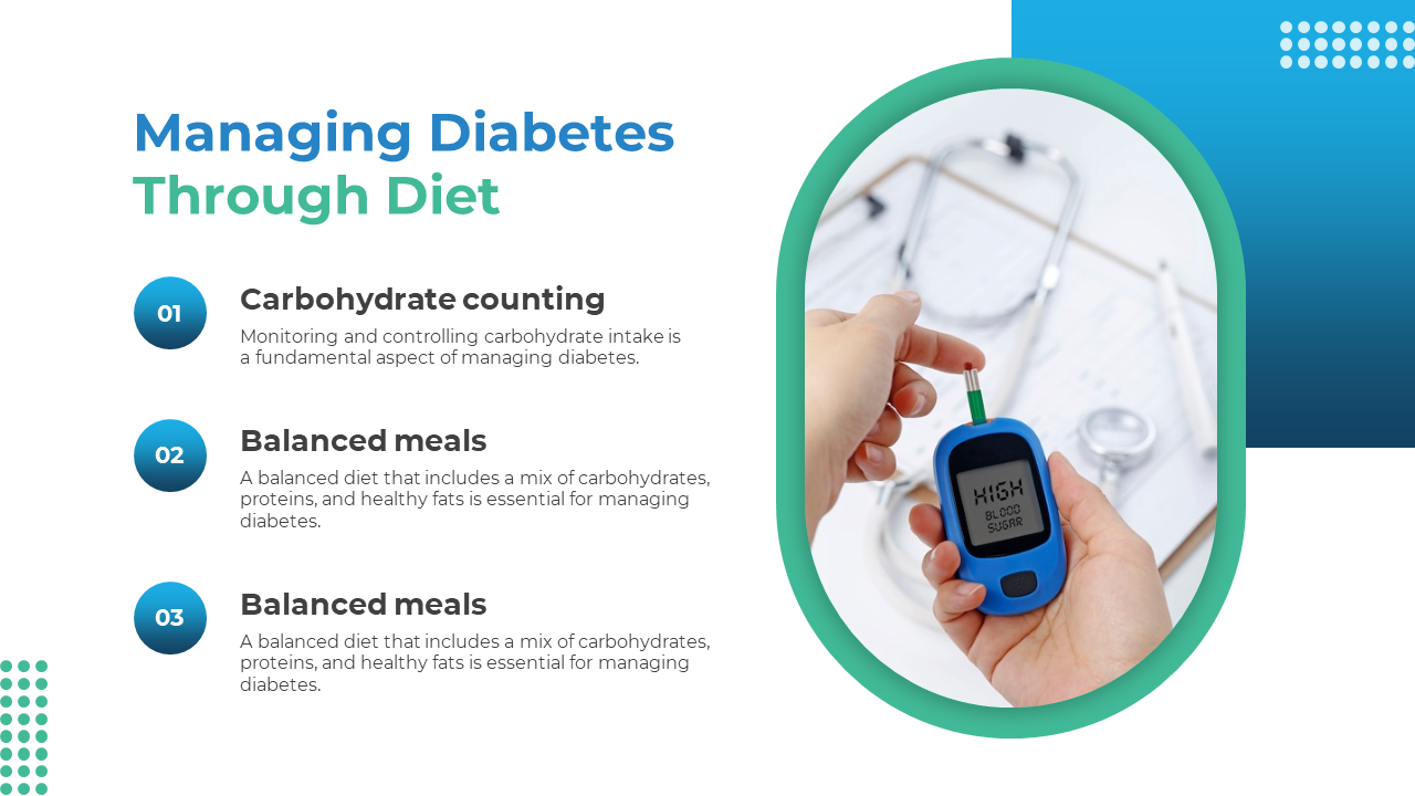 Slide with three numbered blue points, and a hand using glucose meter with stethoscope in blurred background in oval frame.