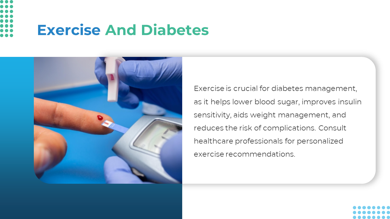 Slide shows a close up of fingerstick using glucose meter, beside white text box on teal gradient bakground.