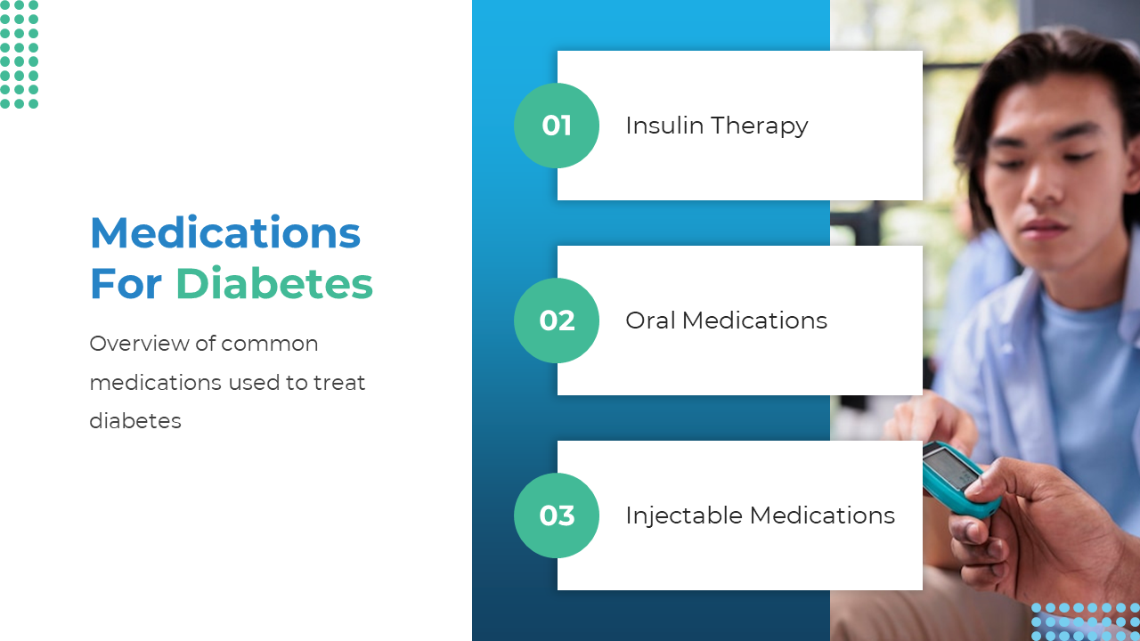 White left panel with title, three teal numbered text boxes on blue backdrop, and a blurred image of a man checking glucose.