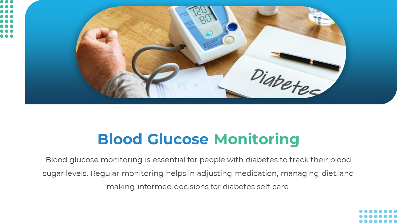Rounded photo top with blue gradient shows a glucose monitor and notes, on a wooden table, and text below.