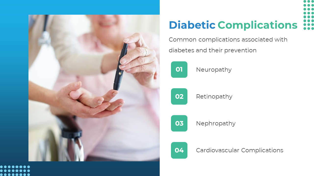 Medical slide with photo of finger prick and four numbered teal boxes listing common diabetic complications.