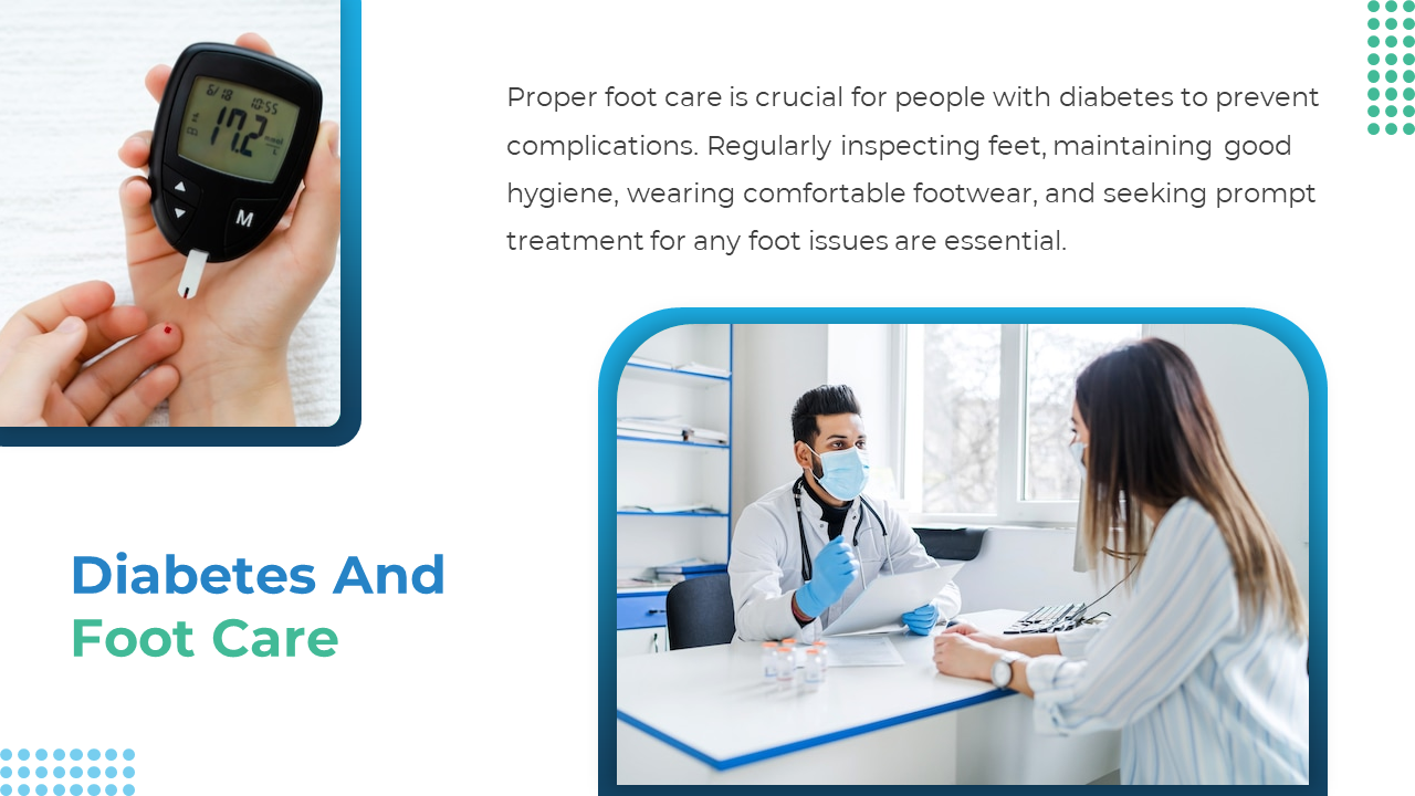 Diabetic care slide showing two blue framed images of glucose meter in hand, and doctor and patient consultation.