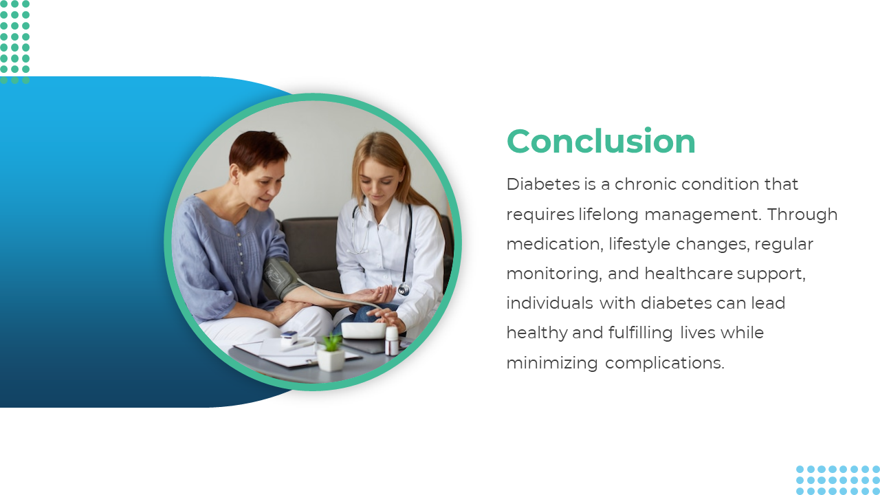 White and blue layout with a green outlined circular photo of a doctor measuring blood pressure and text on right.