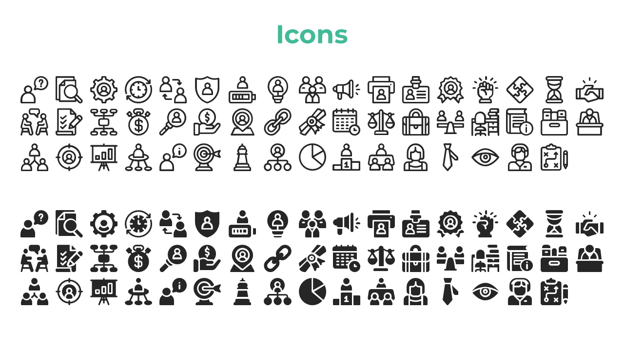 Teal heading above two sets of mixed outlined and filled black icons against a white background.