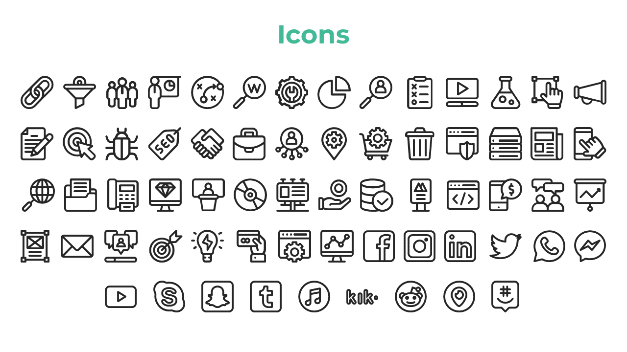 Multiple black outlined icons are arranged in rows below a bold teal heading at the top center.