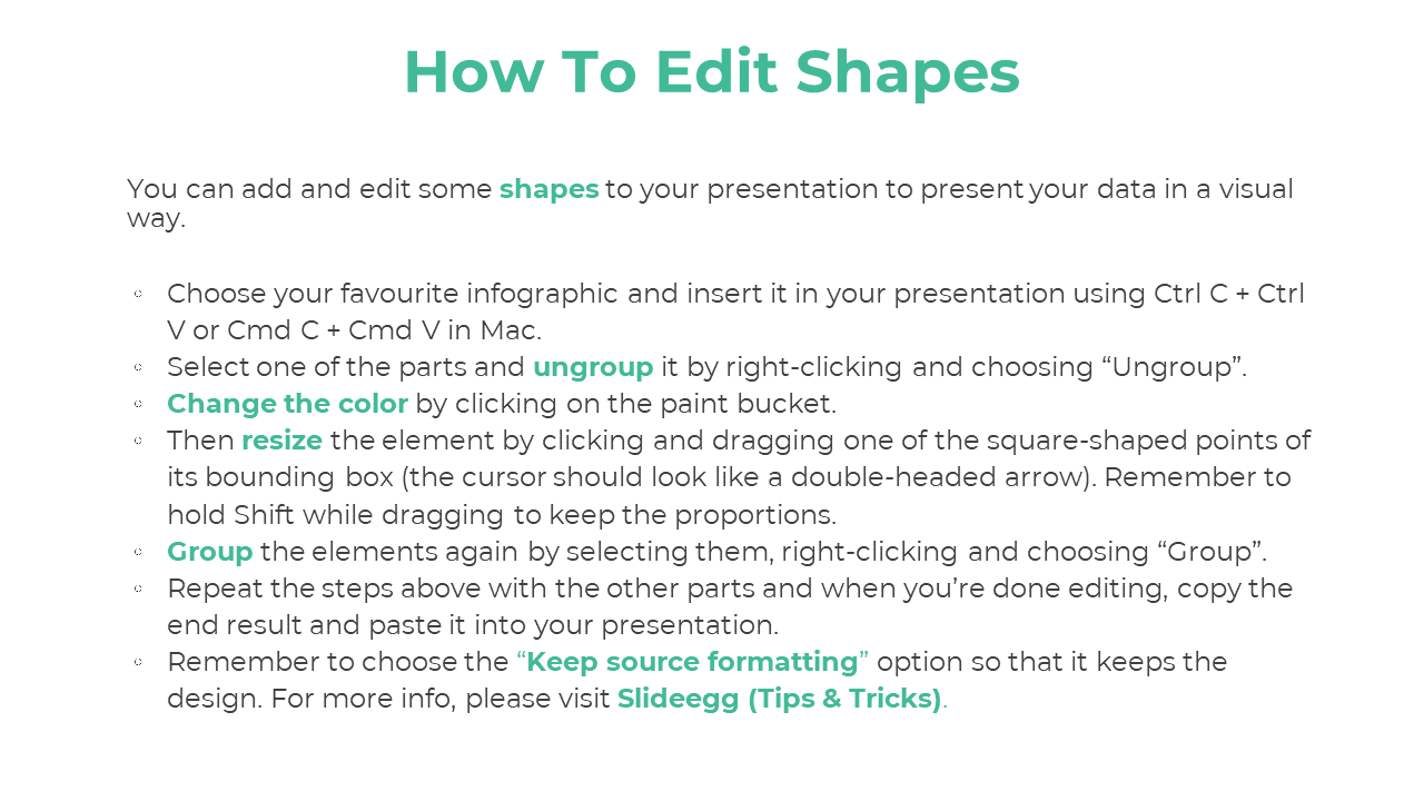 Teal title and text explains how to edit shapes in a presentation, followed by a bulleted list of editing steps.
