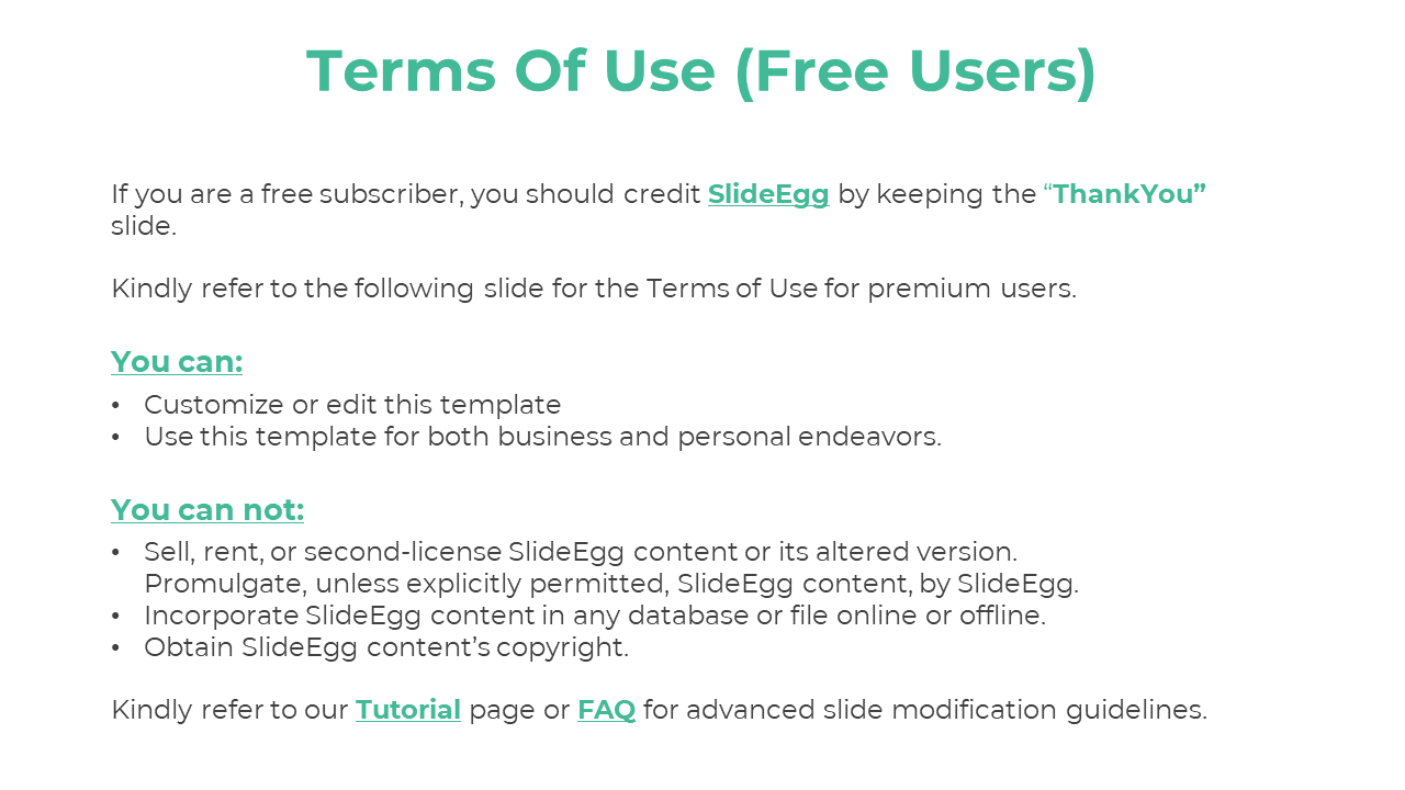 Teal title and text outlines terms of use for free users, with two bullet point sections titled you can and you can not.