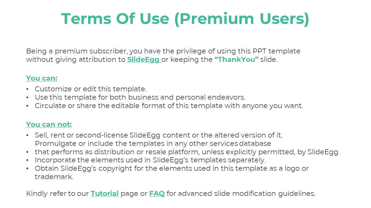Centered teal text on a white background outlines premium user terms, with sections titled can and can not in bullet points.