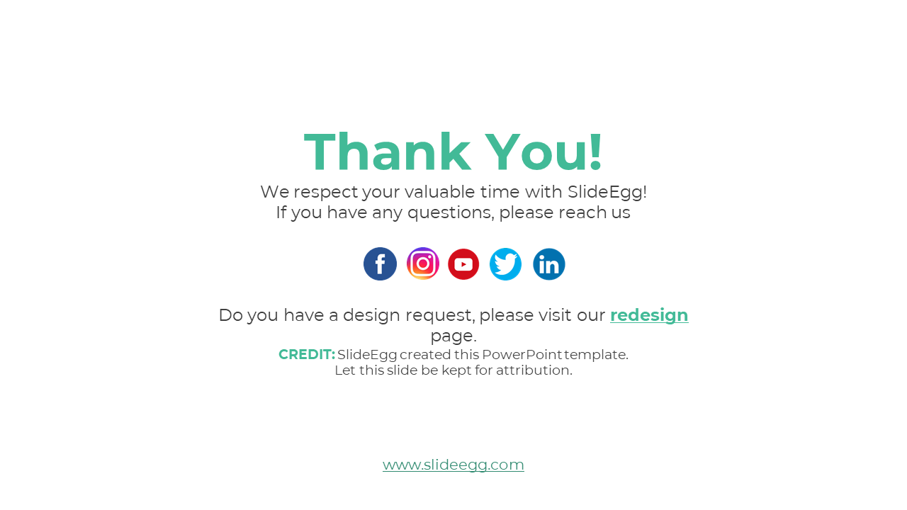 Thank you note in teal text is centered on a white background, with colorful round social media icons and a website link.