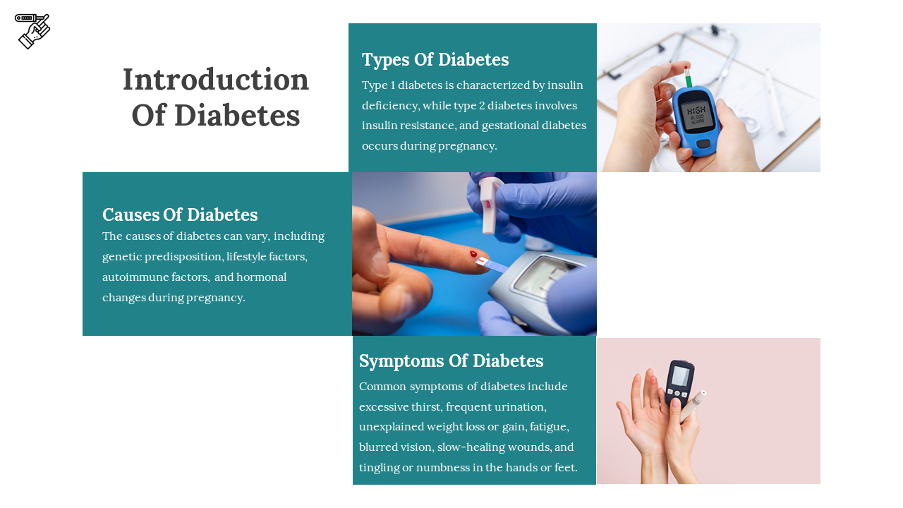 Slide with three teal blocks and medical images showing glucose testing devices, forming a cross shaped grid.
