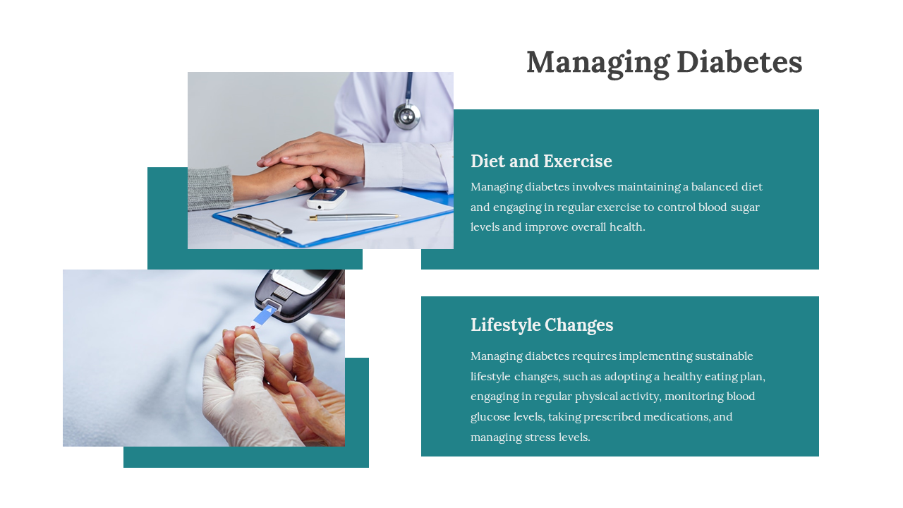 Teal and white background, featuring two images of a doctor checking patient hand, and finger prick for blood test.